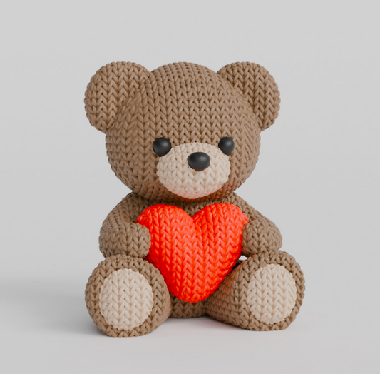 Textured "Knitted-Look" Teddy Bear – 3D Heart-Holding Bear Figurine | Cozy Desktop Decor & Sentimental Gift for Mom